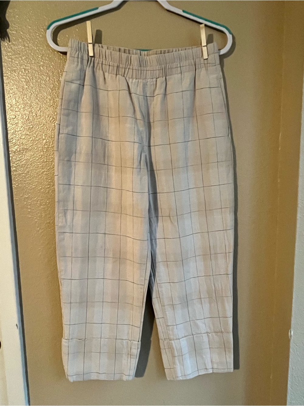Zara Beige Windowpane Plaid Elastic-Waist Cropped Trousers